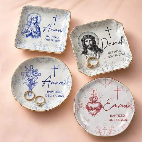 Personalized Baptism Ring Dish Custom Name & Date, Christian Keepsake Jewelry Tray, Cross Religious Trinket Dish, Meaningful Baptism Gift