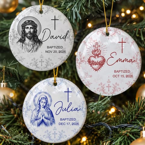 Custom Name & Date Baptism Glass Ornament, Personalized Christian Christmas Tree Decor, Jesus Mary Sacred Heart Keepsake, Religious Gift