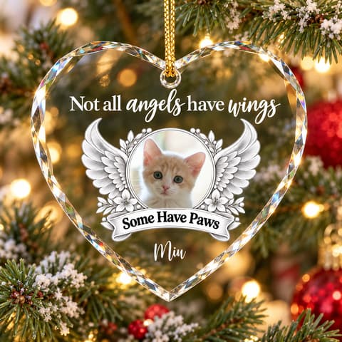 Custom Photo Dog Cat Memorial Not All Angels Have Wings - Personalized Heart Shaped Glass Ornament