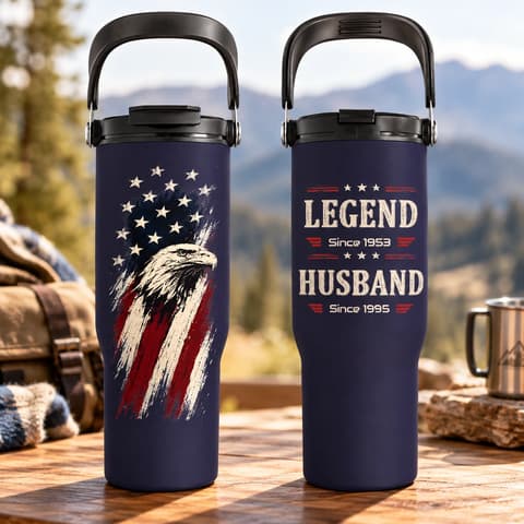 Legend Husband Papa Dad Custom Names & Years American Eagle Flag - Personalized Tumbler