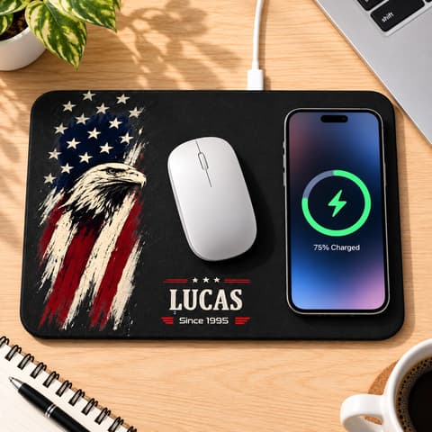 American Eagle Flag Custom Name & Year - Personalized Wireless Charging Mouse Pad