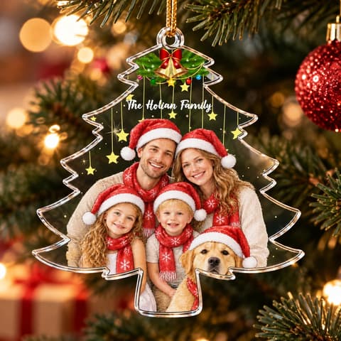Custom Family Photo To Christmas Illustration With Santa Hats - Personalized Acrylic Christmas Tree Ornament