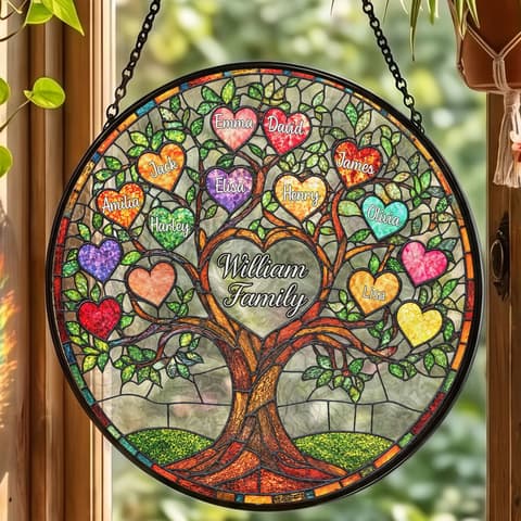 Personalized Family Tree Of Life Stained Glass Suncatcher – Custom Family Names & Heart Leaves, Family Window Hanging Decor, Gift For Mom & Grandma