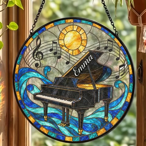 Personalized Stained Glass Piano Suncatcher - Custom Name Black Grand Piano