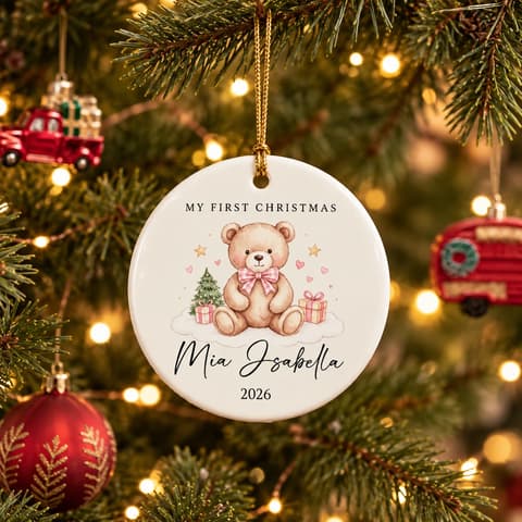 Personalized My First Christmas Ornament Custom Name & Year, Teddy Bear Baby Keepsake, Round Ceramic Christmas Tree Decor, Newborn Holiday Gift
