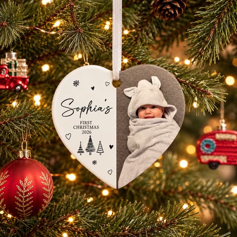 Custom Baby Photo First Christmas Ornament, Personalized Name & Year Heart Keepsake, Split Heart Christmas Tree Decor, Newborn Gift