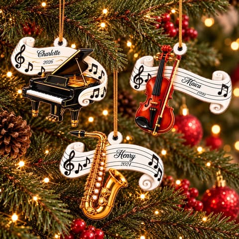 Personalized Musician Christmas Ornament Custom Name & Year, Musical Instrument Keepsake, Piano Music Holiday Tree Decor, Music Lover Gift