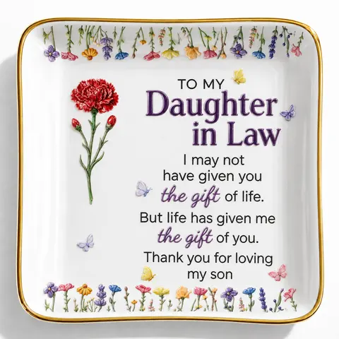 To My Daughter In Law Gift Ceramic Dish, Personalized Flower Jewelry Tray