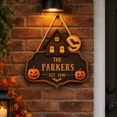 Personalized Halloween Door Sign Custom Family Name & Est Year, Rustic Haunted House Front Door Decor, Pumpkin Gothic Hanging Sign, Unique Fall Home Gift