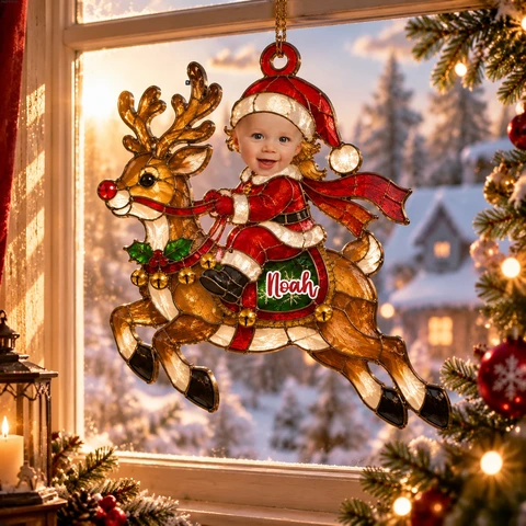 Personalized Baby Riding Reindeer Christmas Suncatcher, Custom Face Photo Stained Glass Window Hanging, Funny Holiday Xmas Decor
