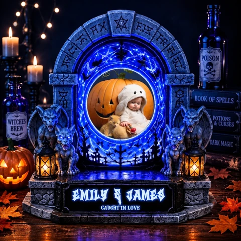 Personalized "Stone Arch Gargoyle" Baby Photo & Names Halloween LED Night Light