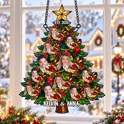 Personalized Friend Group Chicken Christmas Tree Suncatcher, Custom Faces & Names Stained Glass Window Hanging, Funny Xmas Gift for Friends & Couples