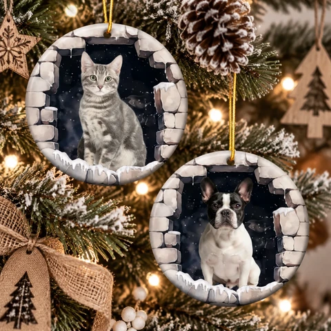 Personalized Ceramic Christmas Ornament Round Shape Custom Pet Photo Snowy Window Winter Scene Christmas Gift