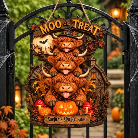 Custom Halloween Farm Sign Personalized Name, Highland Cow Moo or Treat Door Decor, Haunted Barn Pumpkin Hanging Sign, Country Home Halloween Gift