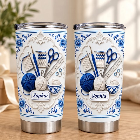 Personalized Knitting and Crochet Tumbler – Custom Name Blue Floral Yarn Design 20oz Stainless Steel Tumbler, Crochet Lover Gift, Knitting Gift for Women