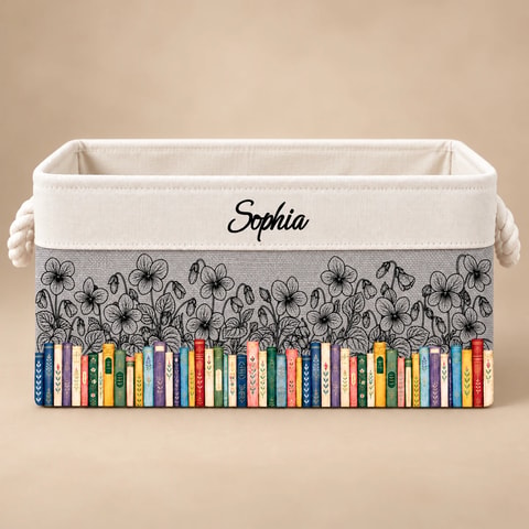 Book Lovers Watercolor Birth Month Flower - Personalized Storage Basket