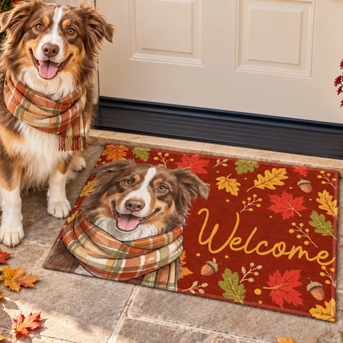 Rustic Autumn Leaves Entryway Rug - Personalized Pet Portrait Doormat, Custom Pet Picture Welcome Mat