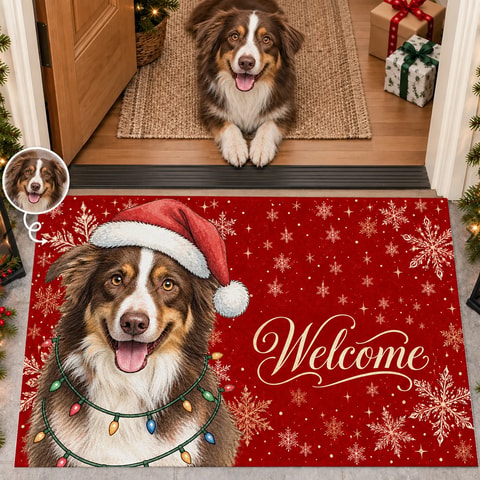 Personalized Door Mat Custom Pet Photo – Christmas Dog Welcome Mat With Santa Hat Snowflakes Holiday Home Decor Gift