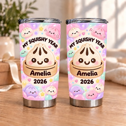 Personalized 20oz Tumbler Custom Name & Year, My Squishy Year Kawaii Drink Cup, Cute Pastel Travel Tumbler, Adorable Gift for Her