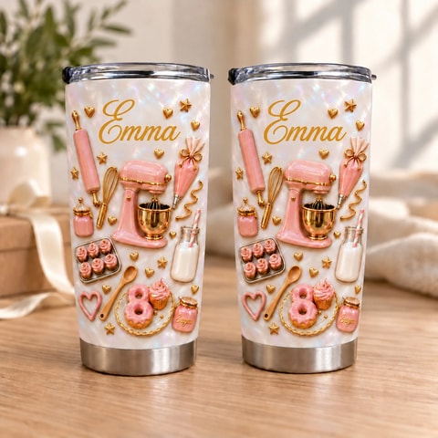 Personalized Baking Tumbler – Custom Name Pink Baking Tools 20oz Stainless Steel Tumbler, Cute Baker Gift, Baking Lover Gift for Women, Birthday Gift for Mom