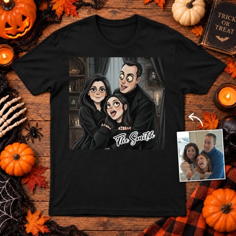 Personalized T-Shirt Custom Family Photo & Name – Halloween Gothic Family Portrait Tee, Spooky Matching Family Gift