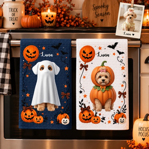 Personalized Halloween Kitchen Towel Custom Pet Photo & Name – Pumpkin Dog Trick or Treat Kitchen Decor Gift