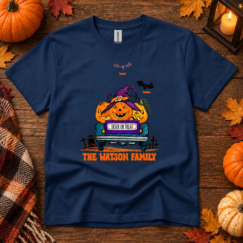Vintage Trick or Treat Truck Shirt - Personalized Halloween Pumpkin T-Shirt, Custom Family Name and Bat Clipart
