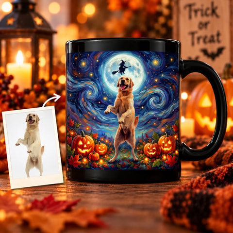 Personalized Mug Custom Pet Photo – Halloween Dog Under Moonlight Pumpkin Spooky Coffee Cup Gift