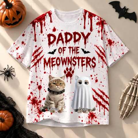 Custom Pet Photo Halloween T Shirt, Personalized Cat Name Mommy Daddy of a Meownster Tee, Witch Cat Spooky Shirt, Pet Lover Gift