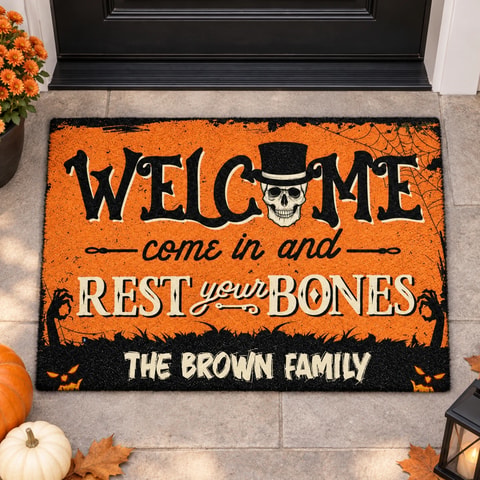 Personalized Family Name Rest Your Bones Floor Mat - Halloween Welcome Doormat, Vintage Orange and Black Halloween Decor