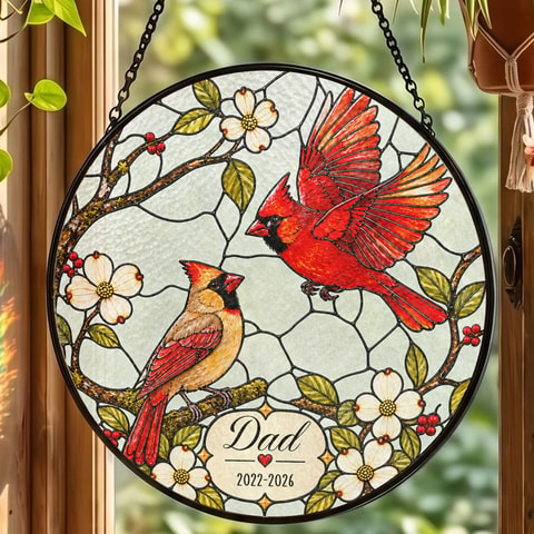 Cardinal Birds Memorial Stained Glass Suncatcher – Personalized Dad Name & Memorial Years, In Loving Memory Window Hanging, Sympathy Gift