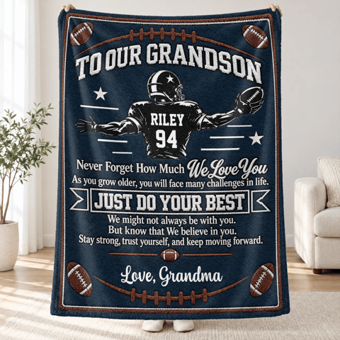 Personalized Football Throw Blanket Custom Name – To Our Grandson Inspirational Sports Blanket, Cozy Gift from Grandma