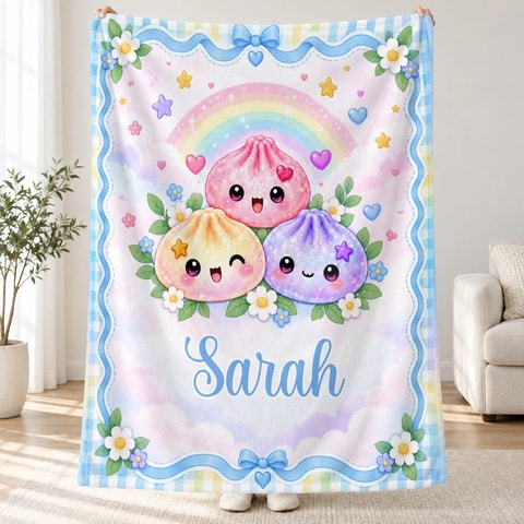 Personalized Sherpa Blanket - Custom Name Cute Dumpling Trio, Pastel Rainbow Throw Blanket