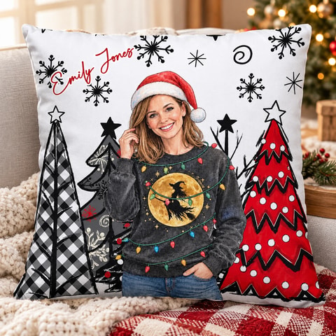 Personalized Christmas Portrait Pillow, Custom Name Festive Holiday Photo