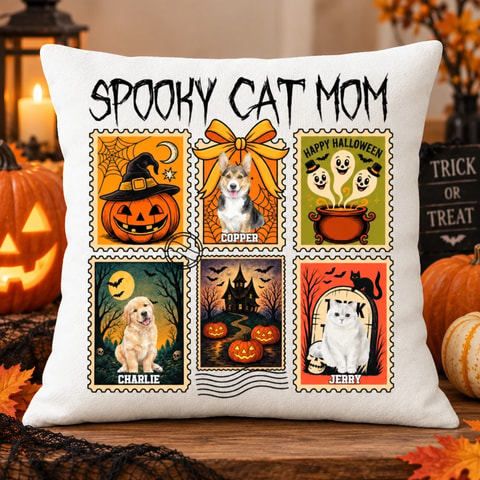 Personalized Spooky Halloween Stamp Pillow - Custom Pet Photos and Names