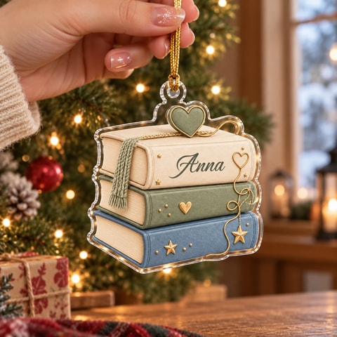Personalized Book Lover Ornament Acrylic Christmas Gift, Custom Name Reading Ornament, Cute Bookish Keepsake for Readers