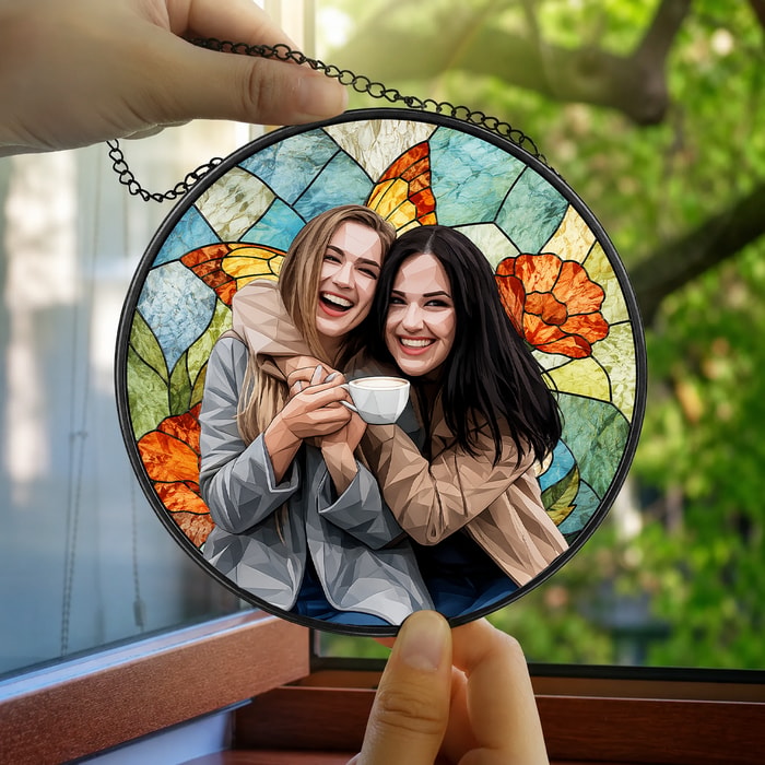 Custom Photo Portrait Mom Grandma Parents Family - Personalized Stained Glass Window Hanging Suncatcher