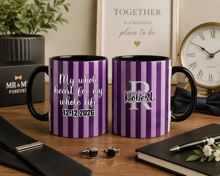 Personalized Striped "My Whole Heart For My Whole Life" & Split Monogram Ceramic Coffee Mug, Custom Groomsmen & Wedding Keepsake 11oz & 15oz