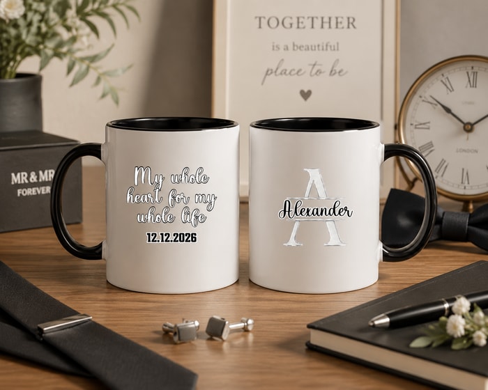 Personalized "My Whole Heart For My Whole Life" & Split Monogram Ceramic Coffee Mug, Custom Groomsmen & Couple Keepsake 11oz & 15oz