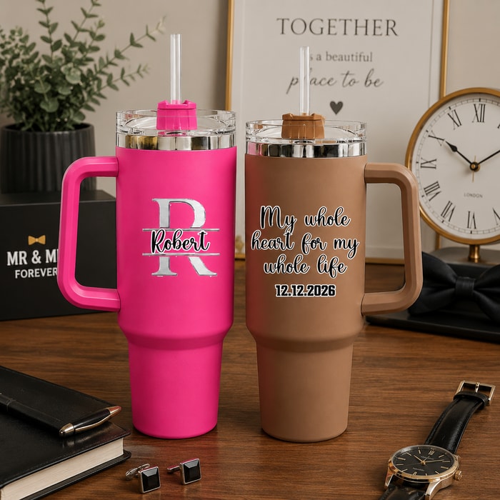 Personalized "My Whole Heart For My Whole Life" & Split Monogram 40oz Tumbler, Custom Groomsmen & Wedding Travel Tumbler
