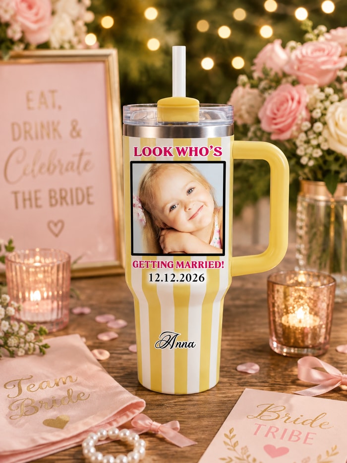 Personalized Striped "Look Who'S Getting Married!" 40oz Tumbler, Custom Photo Wedding & Bachelorette Travel Tumbler
