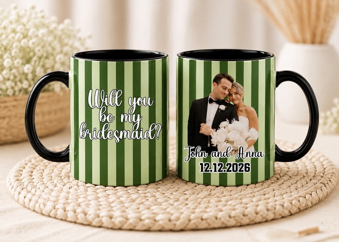 Personalized Striped "Will You Be My Bridesmaid?" & Couple Photo Ceramic Coffee Mug, Custom Wedding Proposal Keepsake 11oz & 15oz